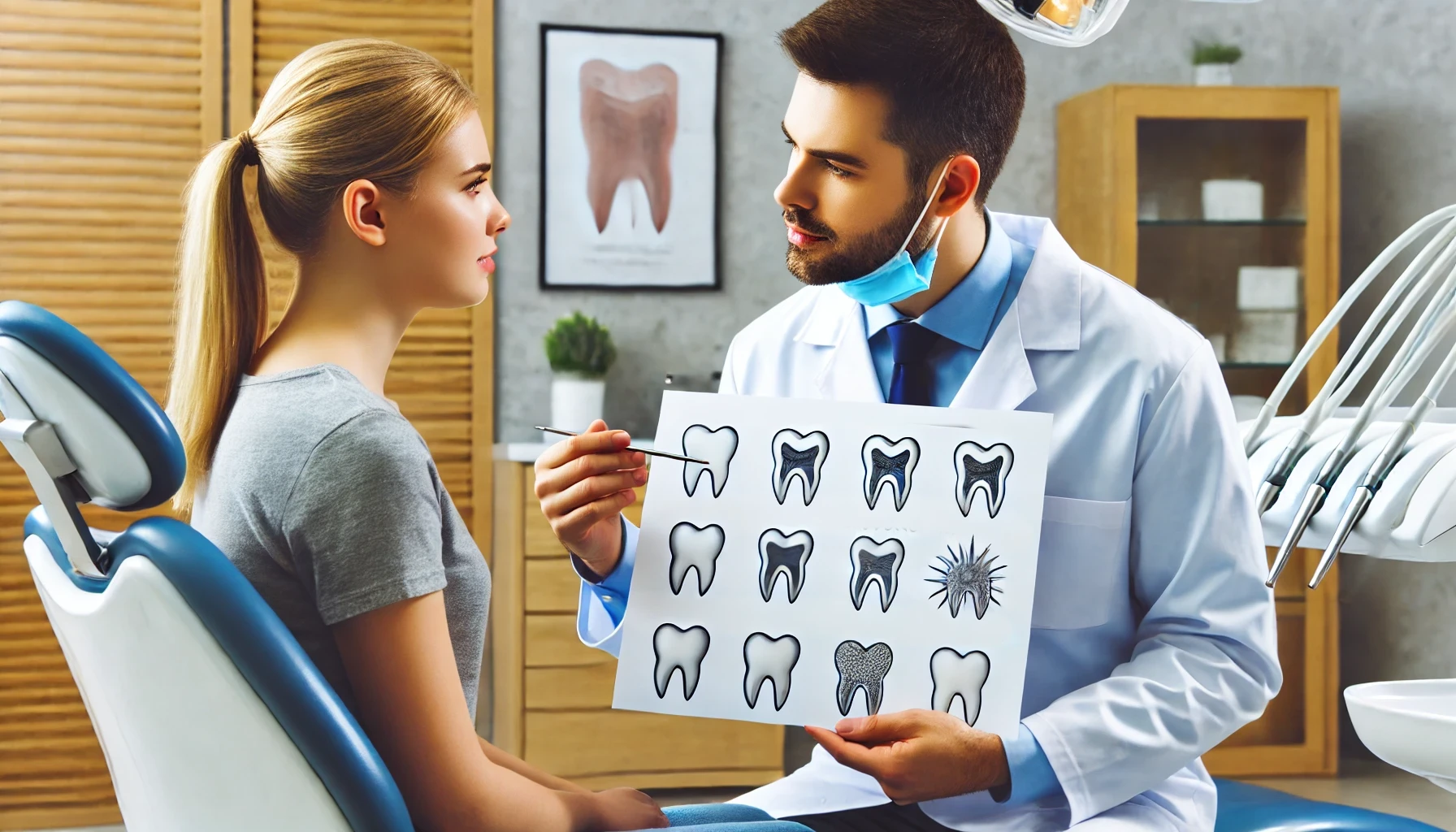 "A dentist consulting with a patient about reasons for tooth extraction, pointing to a chart in a bright, modern dental office."