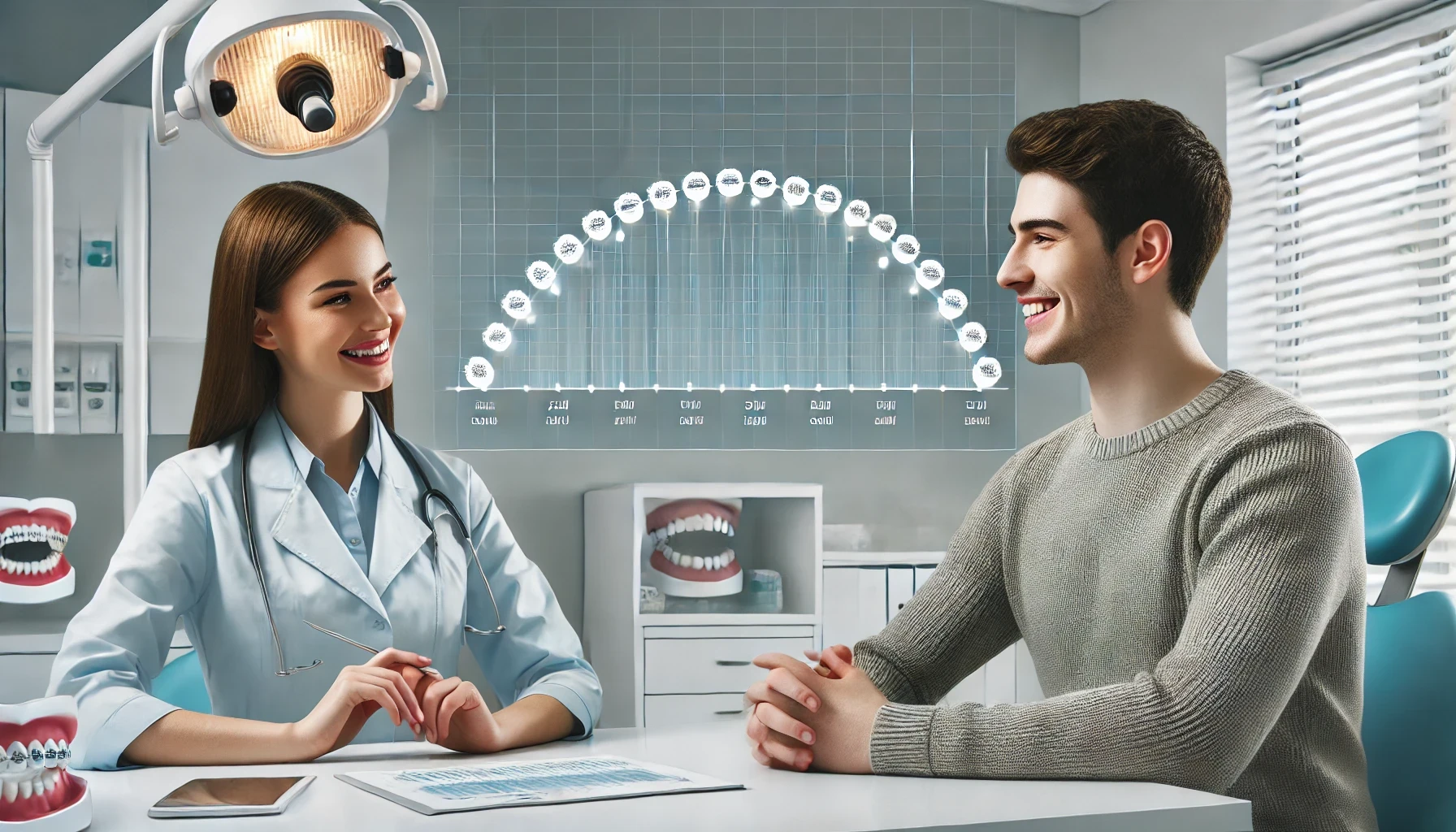 A modern dental consultation scene with a patient and professional discussing the treatment duration for invisible braces in a bright office.