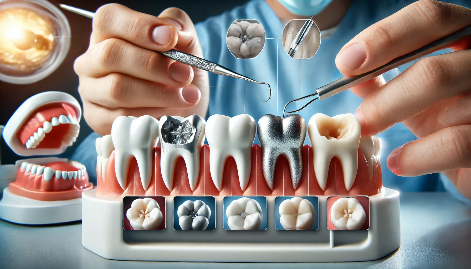 A close-up of different types of tooth fillings, including silver amalgam, composite resin, and ceramic, in a bright, modern dental clinic."