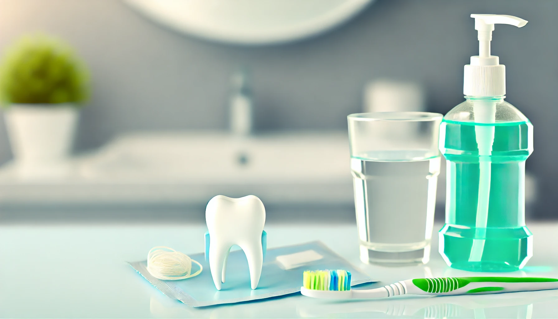 A clean bathroom counter featuring a toothbrush, dental floss, mouthwash, and a glass of water, highlighting dental care."