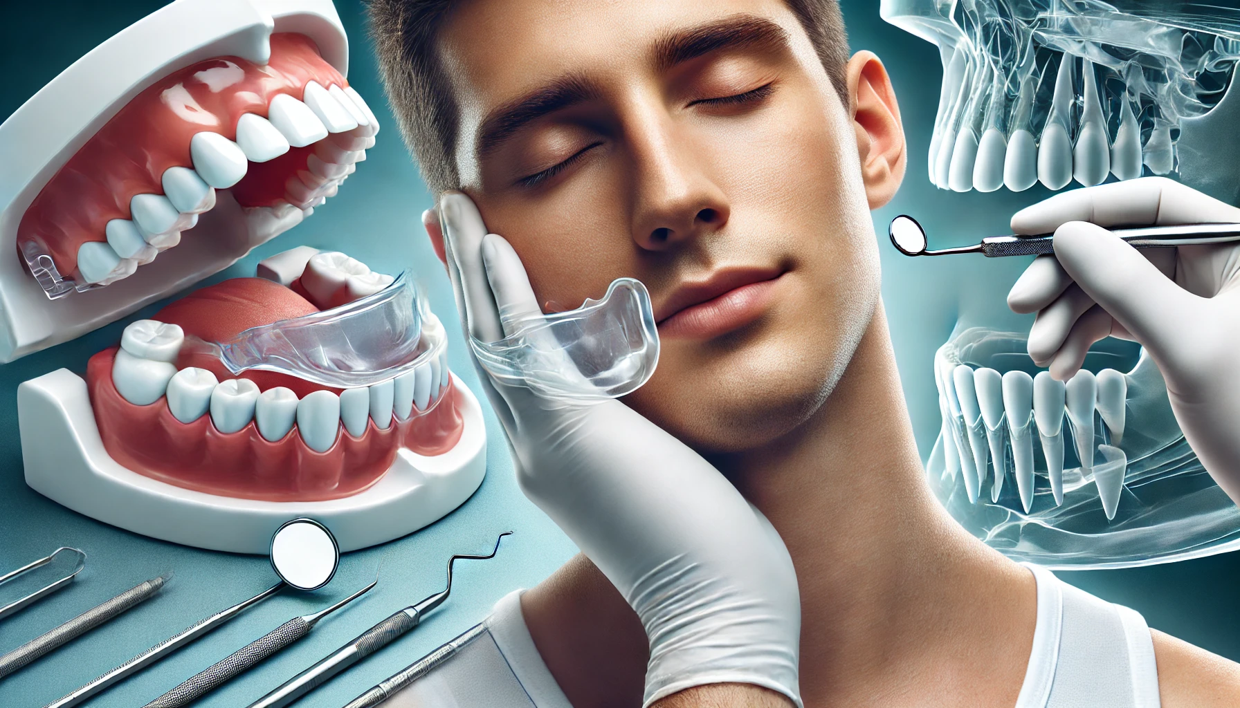 "Image of a dental night guard being held by a person in a clean dental environment, representing treatments for teeth grinding."