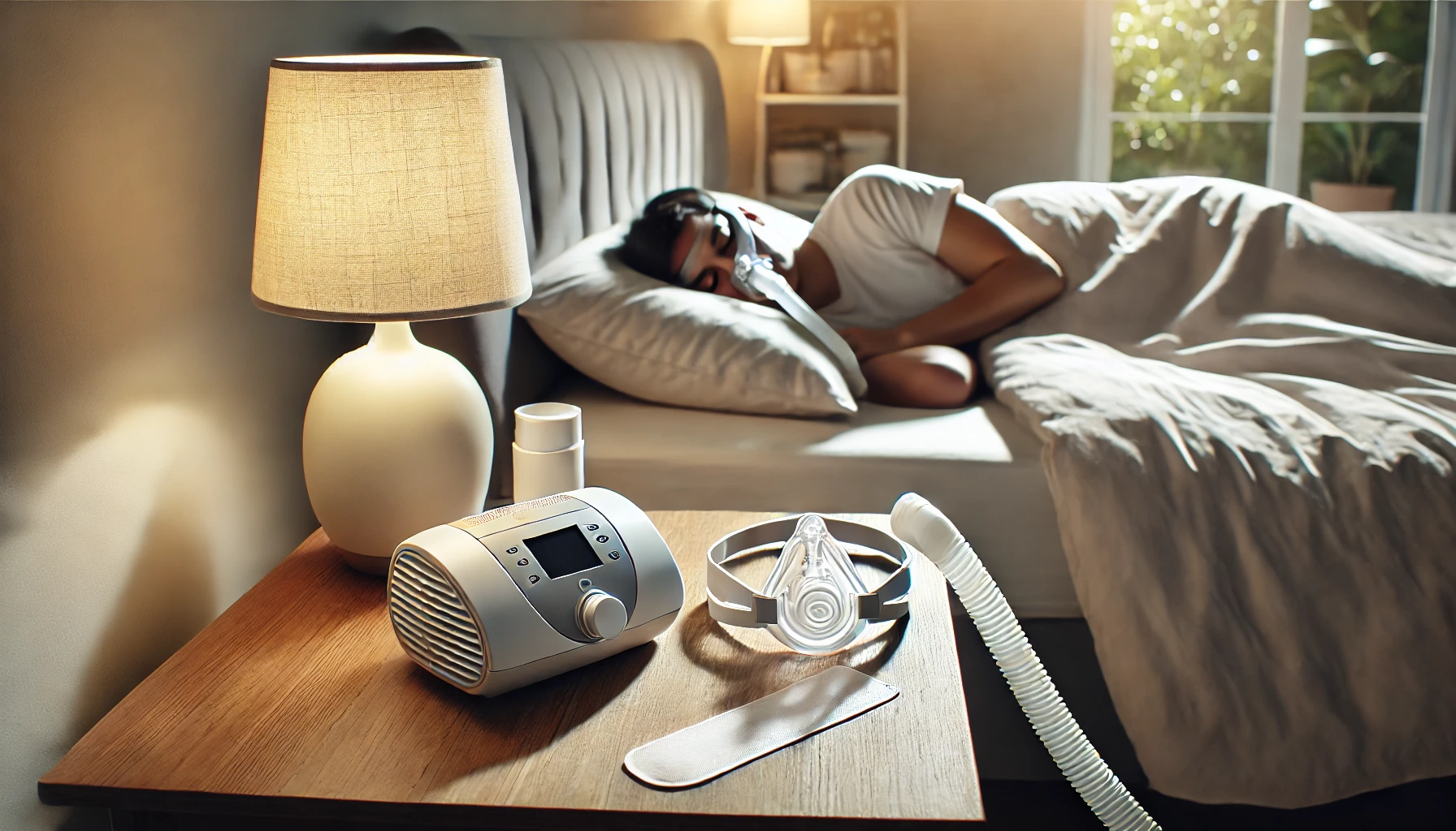 A peaceful bedroom scene showing various snoring treatments like a CPAP machine, nasal strip, and elevated pillow, creating a calm atmosphere."