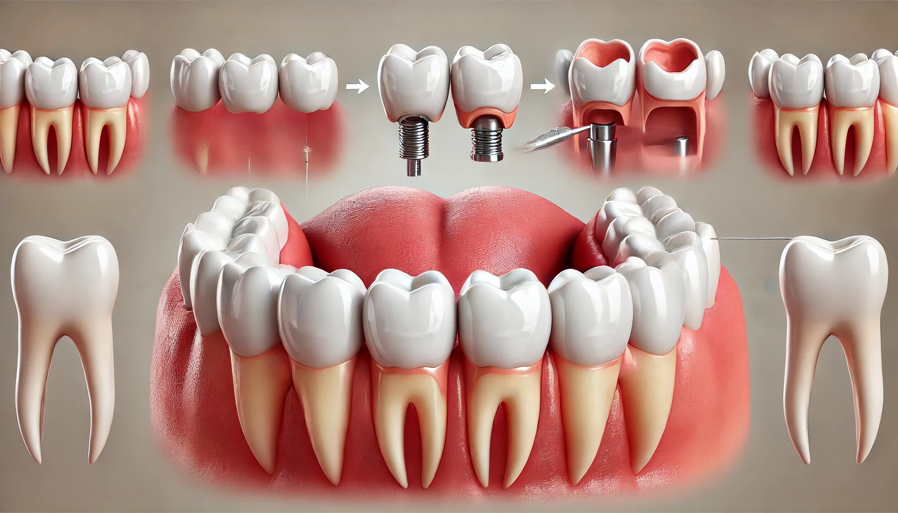 "Illustration of the dental bridge procedure, showing teeth preparation, bridge fitting, and final placement with clean gums."