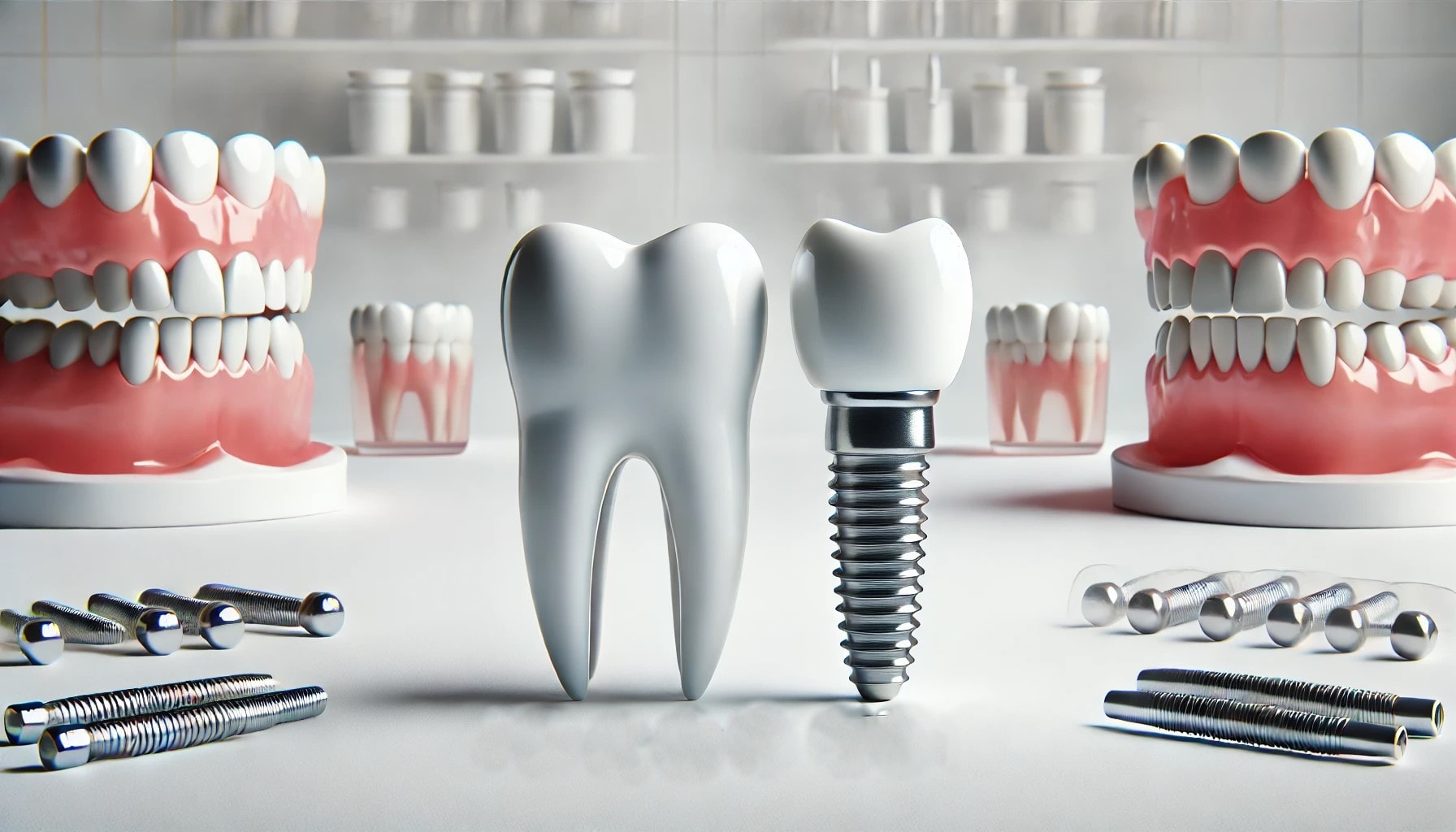 "Simple side-by-side comparison of dental implants and dentures in a clean dental setting, highlighting different restoration options."