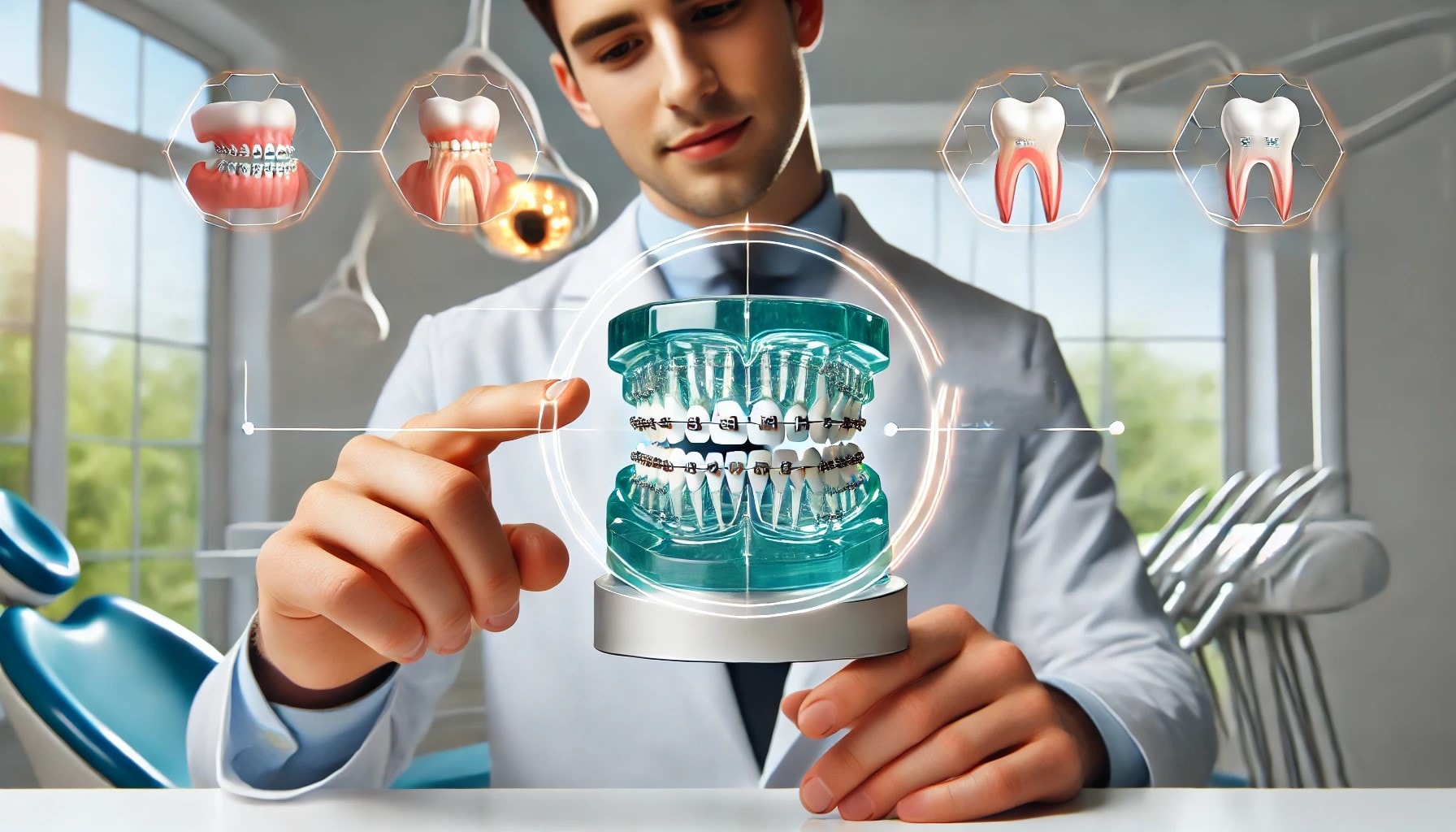 A dental professional demonstrating invisible braces to a patient with a model in a bright, modern dental office setting.