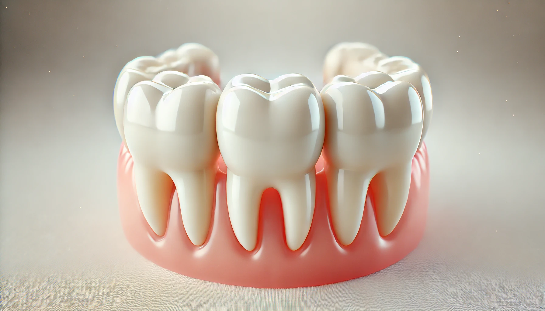 "Simple illustration of a dental bridge with three teeth, featuring the middle tooth as a replacement, surrounded by clean gums."