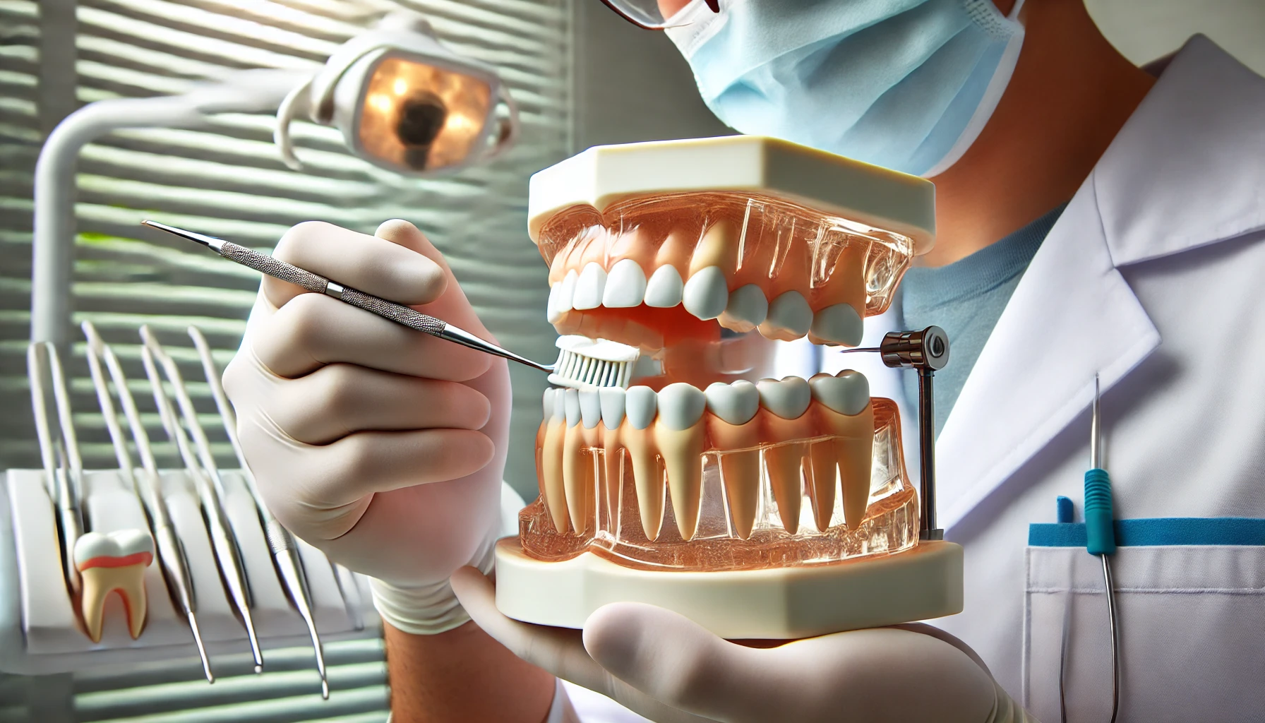 "A dentist demonstrating plaque removal techniques on a dental model, highlighting effective brushing and flossing methods in a clean clinic."