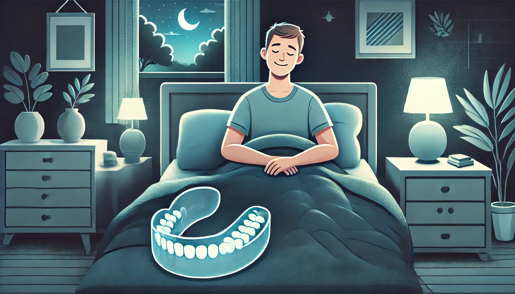 Person wearing a night guard, peacefully resting in bed with a dental guard on the nightstand, preventing teeth grinding at night."