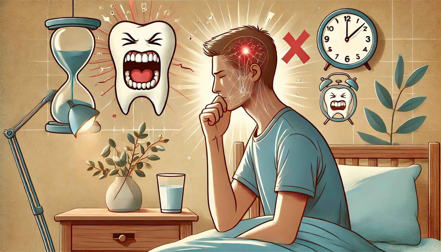 An illustration of a person with a tense jaw and clenched teeth, surrounded by stress symbols, in a cozy bedroom setting."