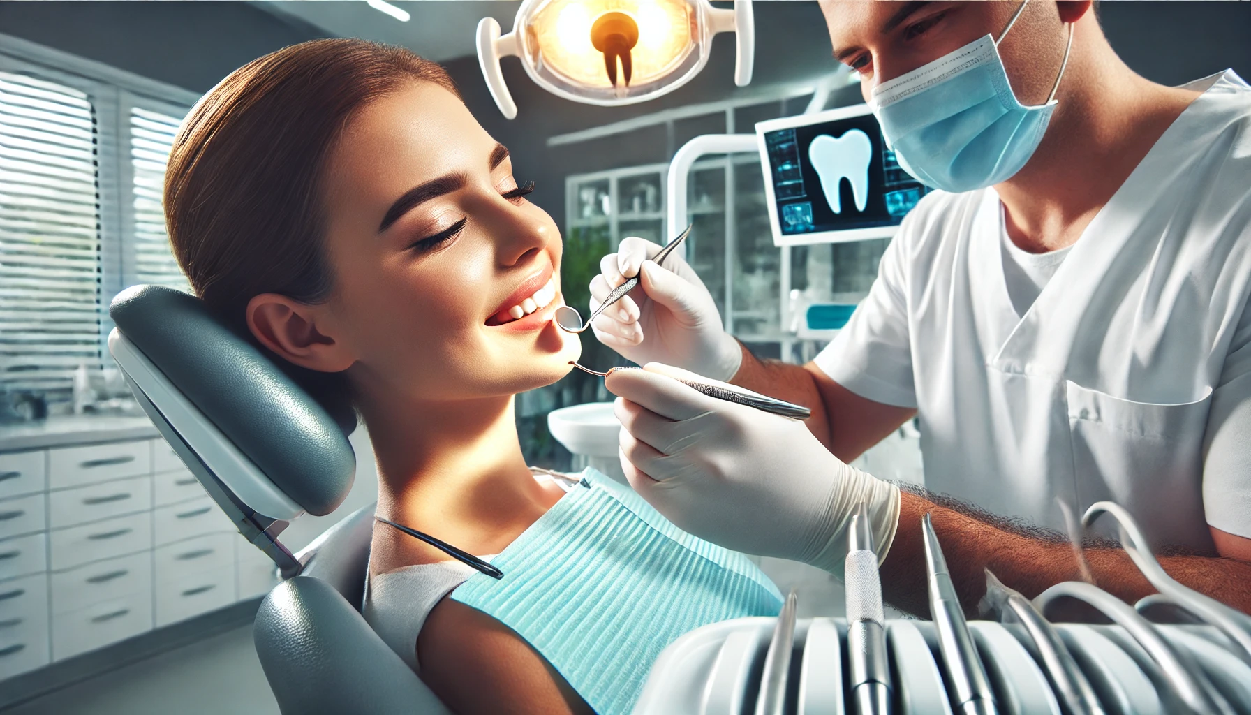 "A patient sits calmly in the dentist's chair while the dentist performs a dental checkup in a clean, professional, and bright environment."