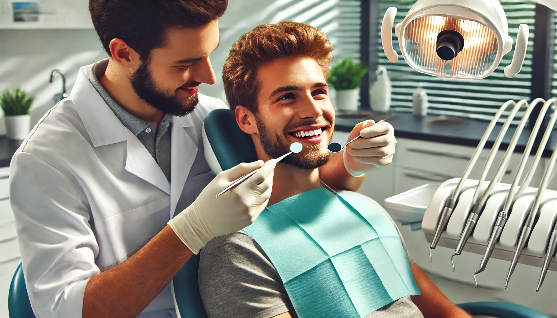 "A dentist performing a routine dental checkup in a clean, modern clinic, with the patient seated comfortably and dental tools in use."