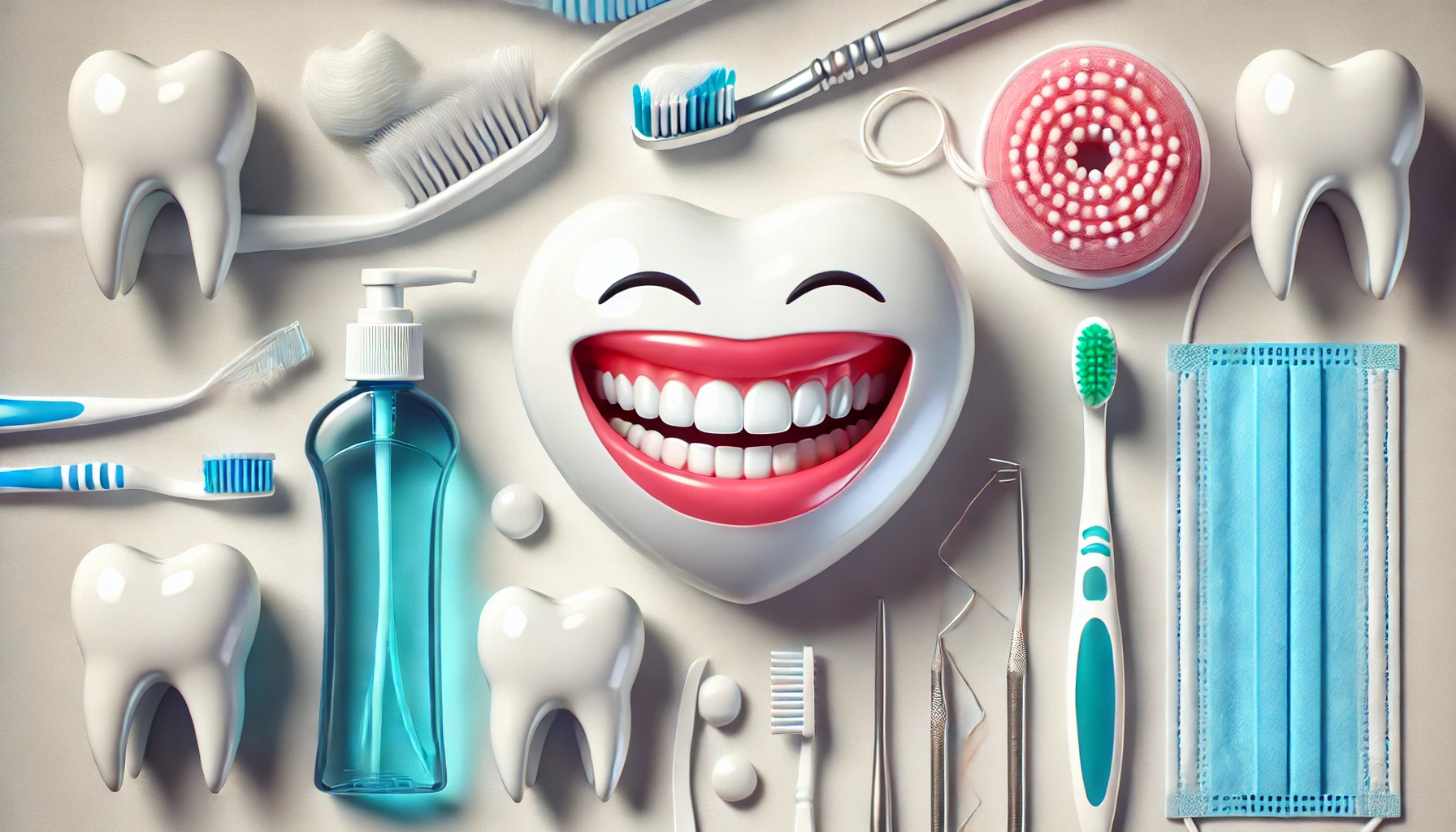 "Bright smile with dental care items like toothpaste, floss, and toothbrush in a clean setting, emphasizing proper oral hygiene for white teeth."