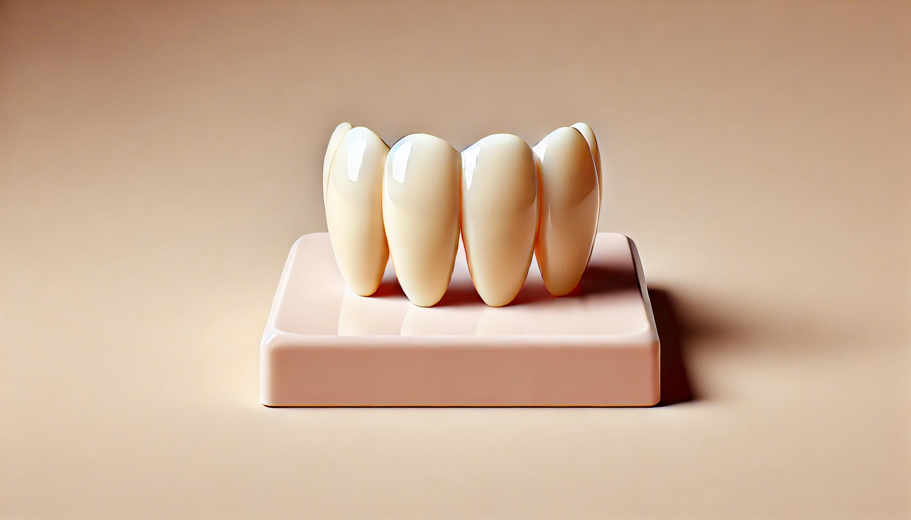 A simple display of a single set of dental veneers on a plain background, emphasizing their glossy finish and natural shape."