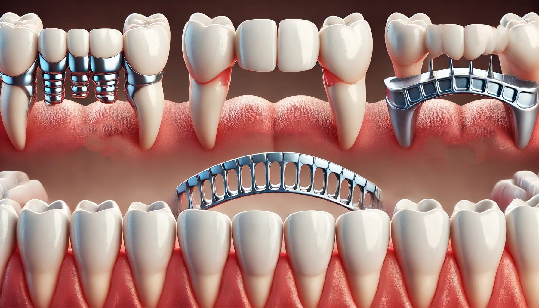 "Illustration showing three types of dental bridges: traditional, cantilever, and Maryland bridge, highlighting differences in structure."