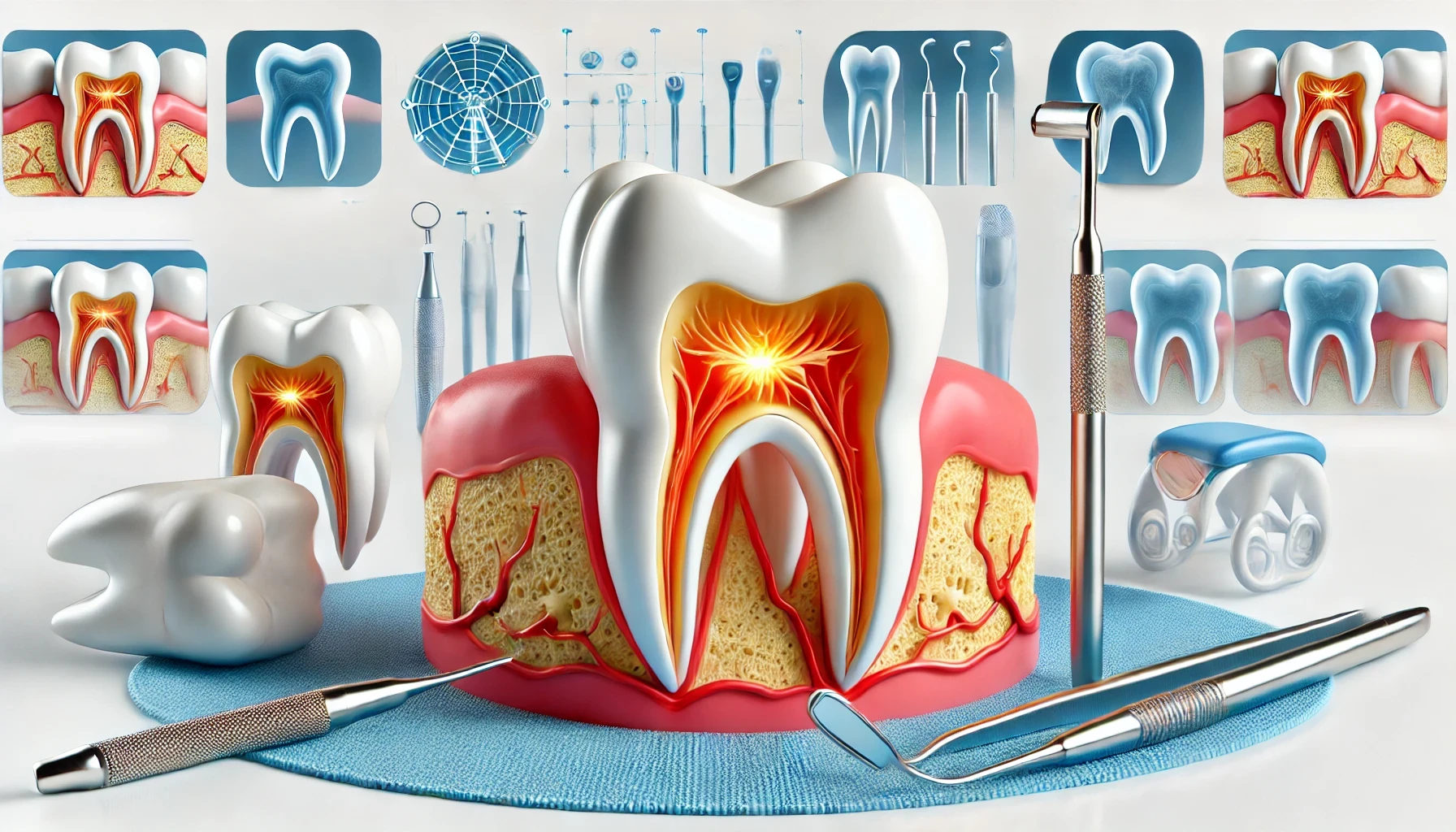 Model of teeth with a loose tooth and dental instruments in a clean setting, highlighting causes like gum disease and the importance of oral care."                 mer    vipps     all    flere  format