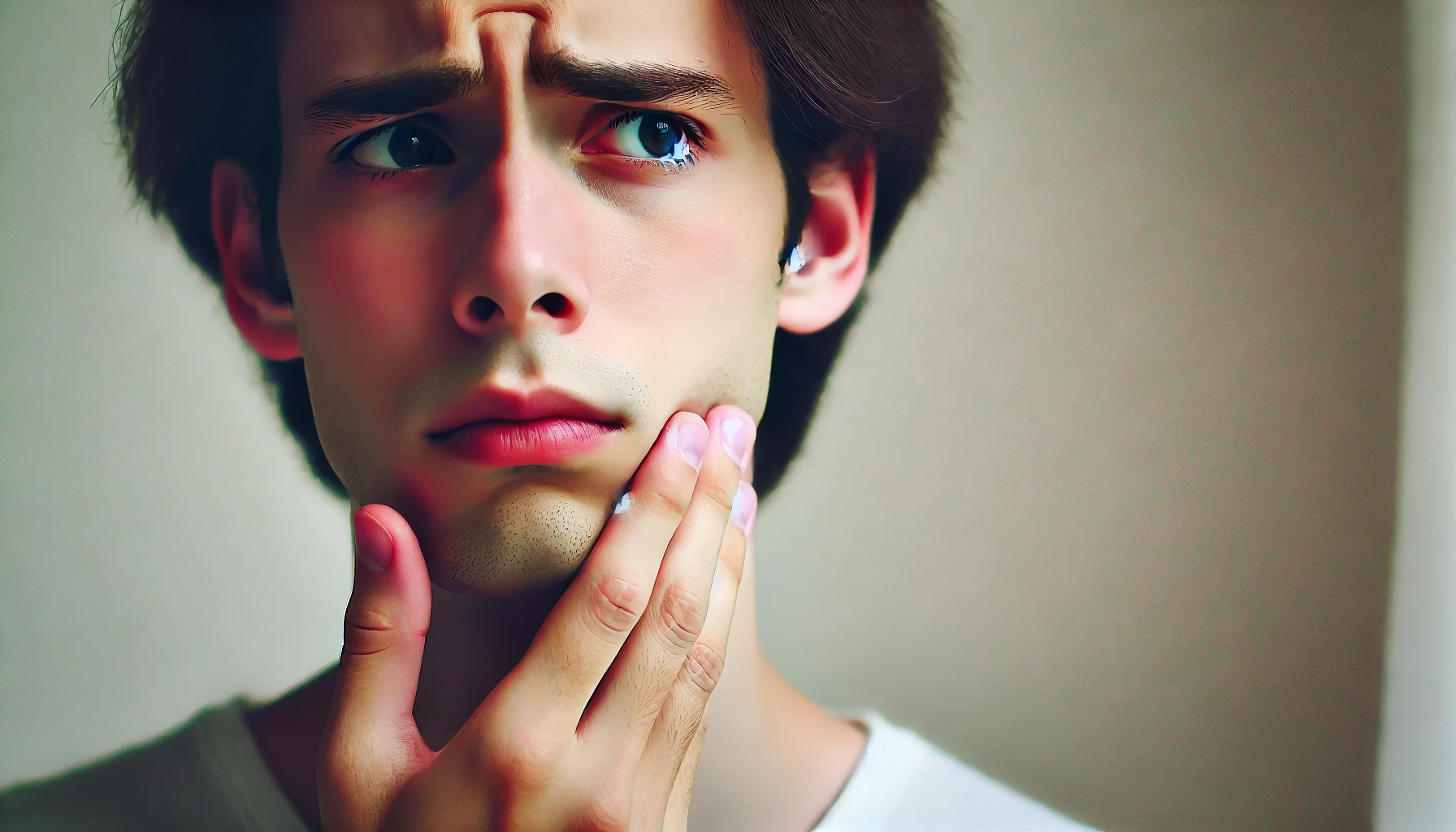 A worried individual touching their cheek, indicating discomfort and the potential early signs of a tooth infection.