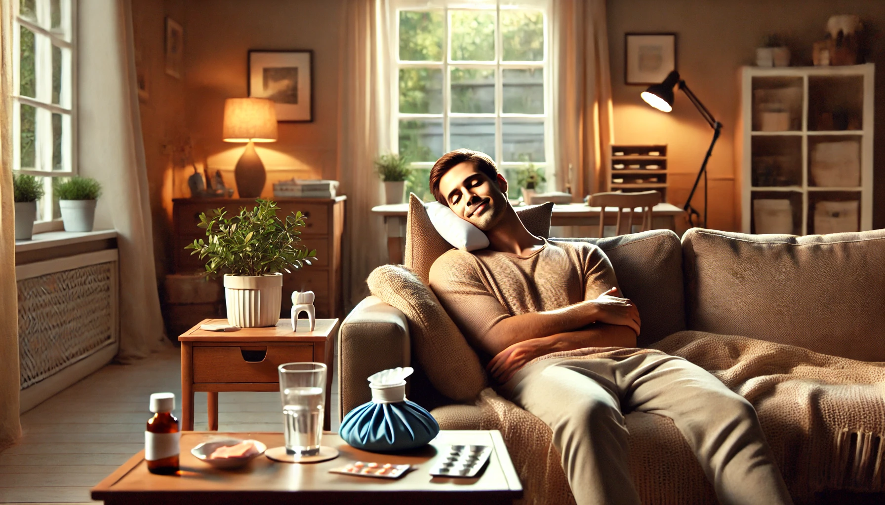 A patient resting at home after tooth extraction, using an ice pack on the cheek, with a calming environment for a smooth recovery