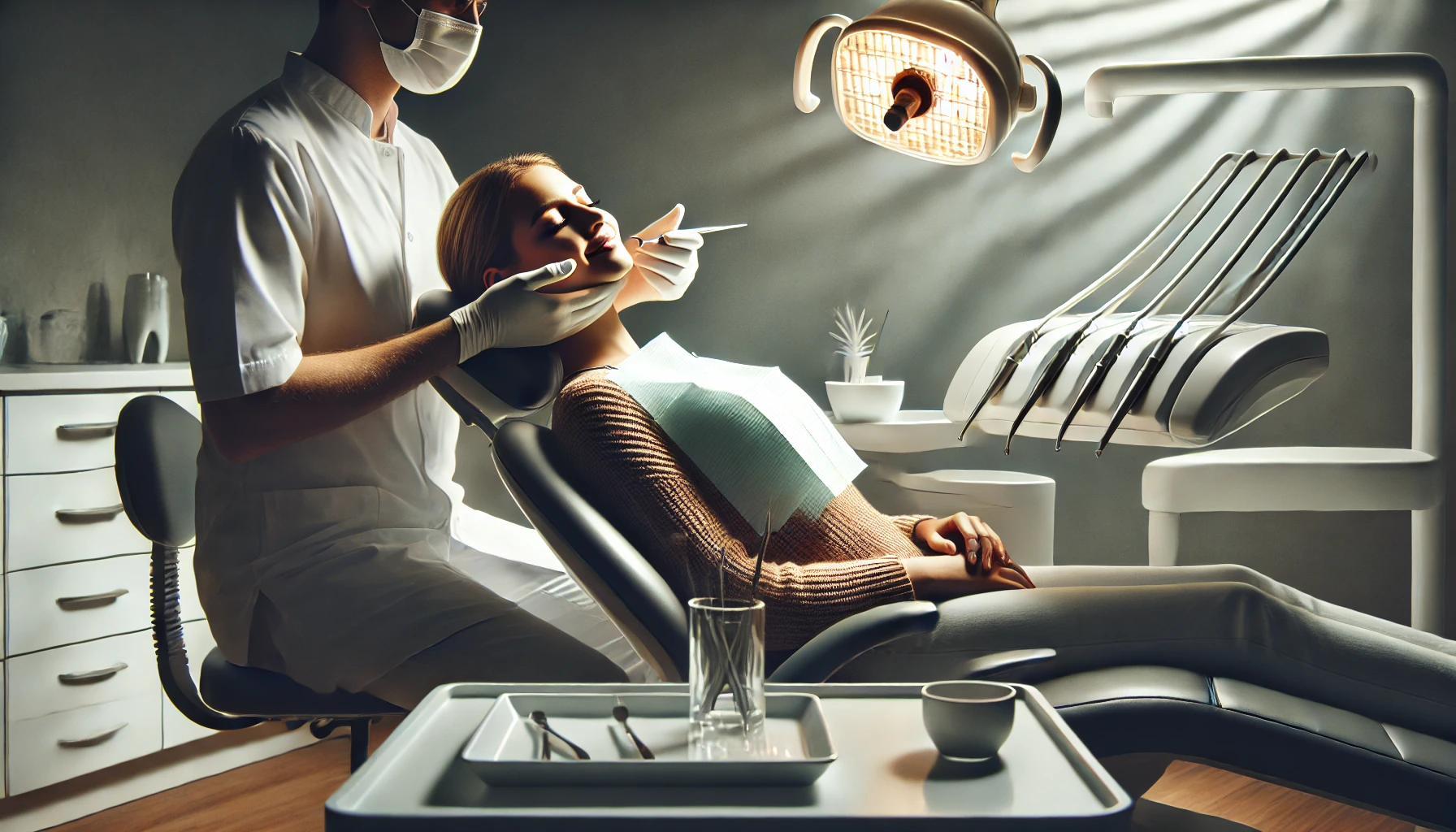 A patient receiving soothing dental treatment in a modern clinic, focusing on long-term toothache relief with a serene and professional environment.