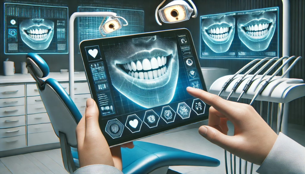 Futuristic dental office scene with a professional designing a smile digitally on a tablet."