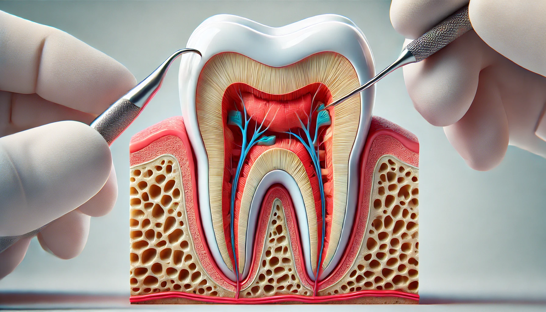 A detailed cross-section of a human tooth, showing the root canal treatment process with dental tools cleaning the infected pulp."