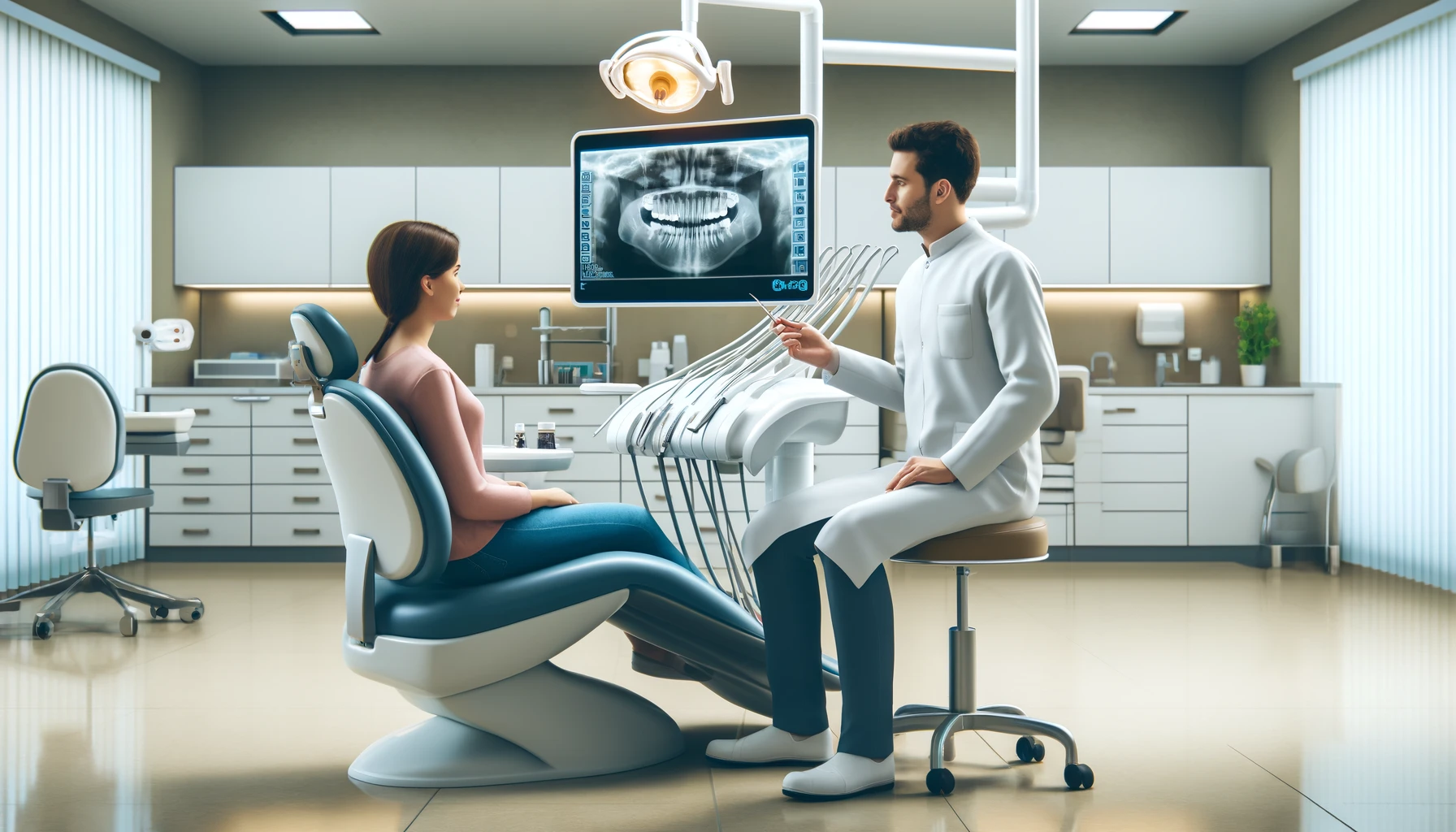 A patient consulting with a dentist about tooth extraction costs and pain management options in a modern and clean dental clinic setting