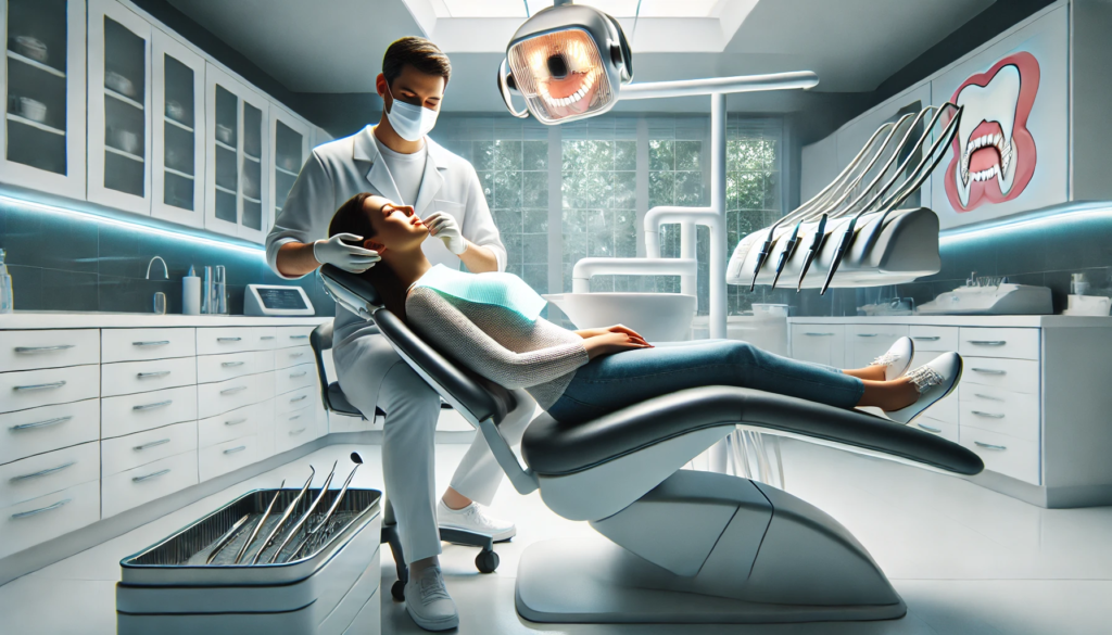 "Modern dental clinic with a patient undergoing aestehetic dental treatments by a dentist."