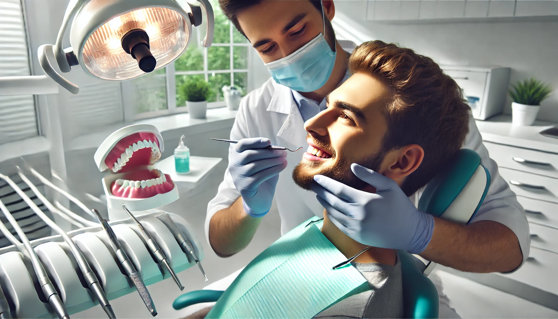 "A dentist carefully examining a patient's teeth during a routine checkup in a clean clinic, highlighting the prevention of dental issues."