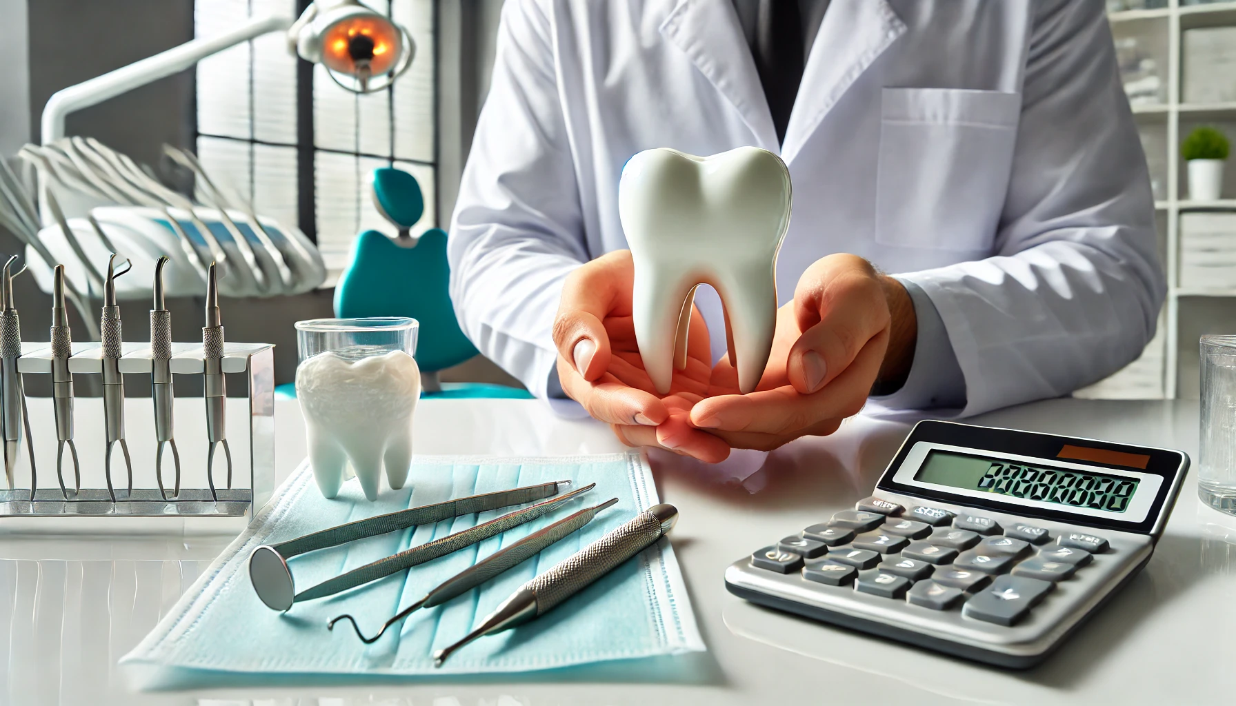 A dentist holding a tooth model next to dental tools and a calculator, symbolizing the cost of dental fillings in a modern clinic."