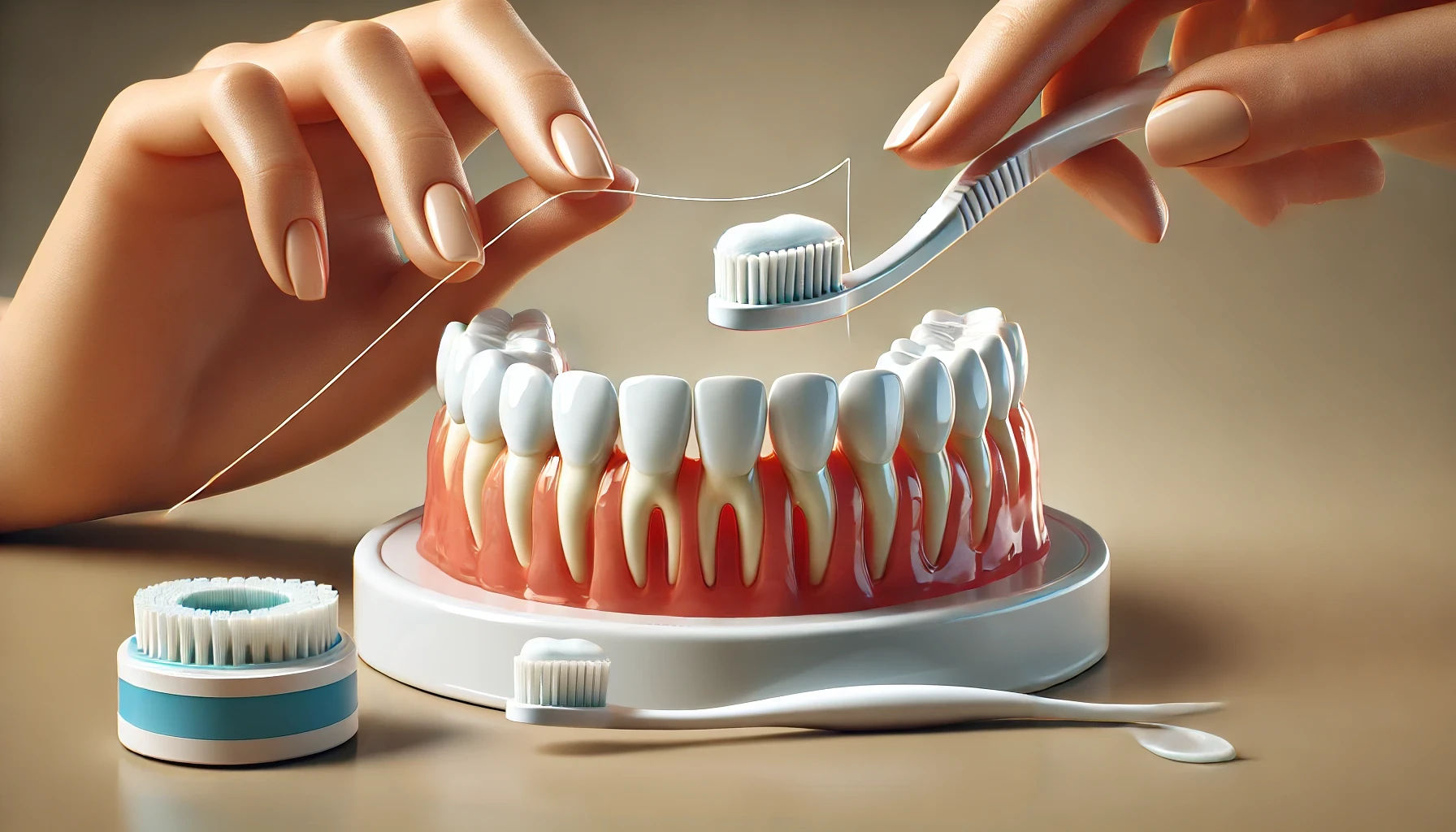 "Illustration showing proper care of a dental bridge using a toothbrush and floss, focusing on clean teeth and healthy gums."