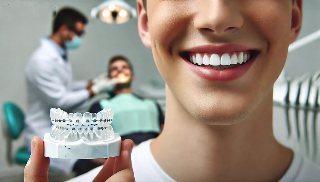 A person smiling confidently with perfectly aligned teeth, showcasing the results of Invisalign treatment without traditional braces."