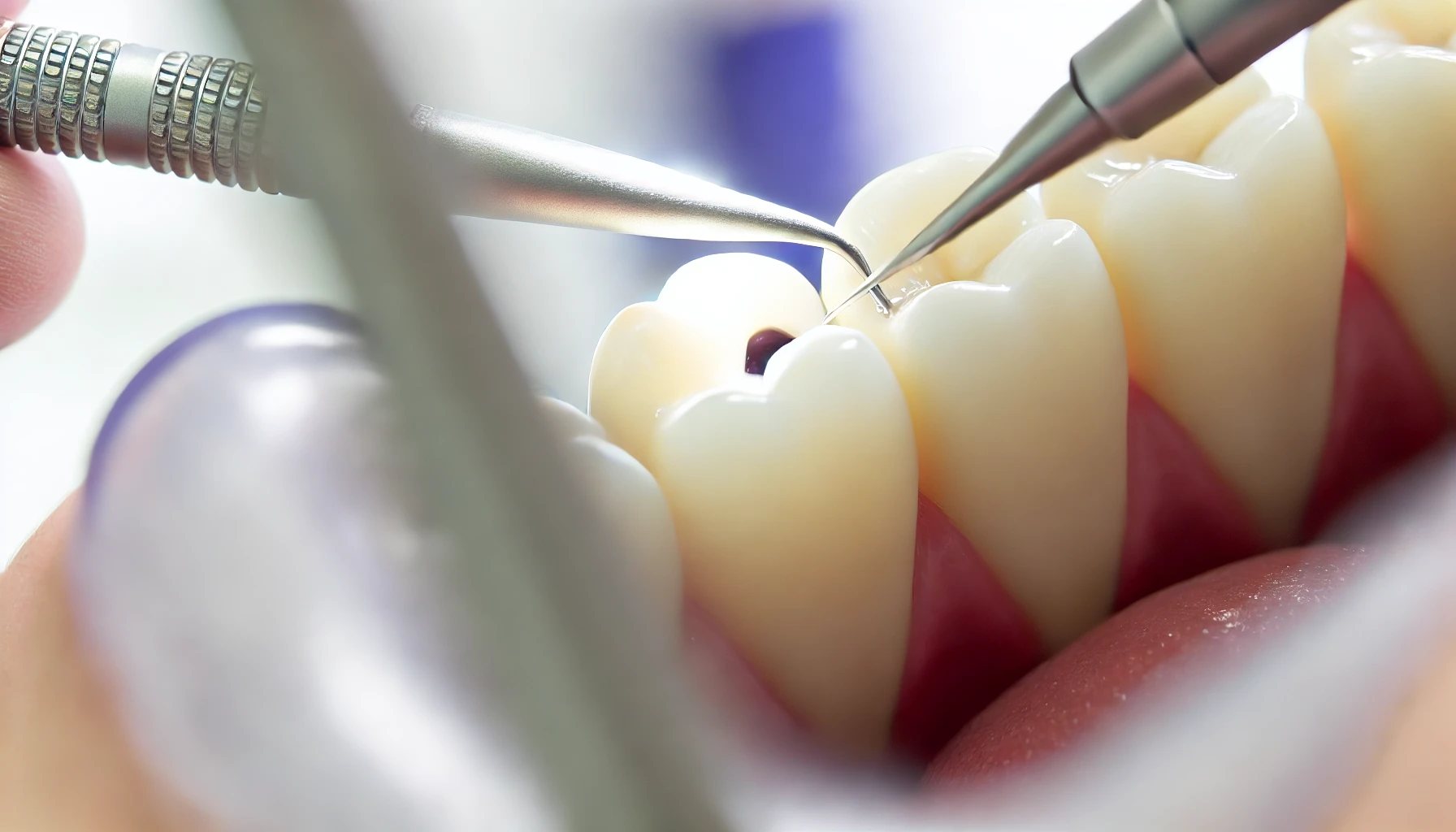 "Close-up of a tooth cavity being treated with a dental filling in a modern, bright dental clinic using precise tools."