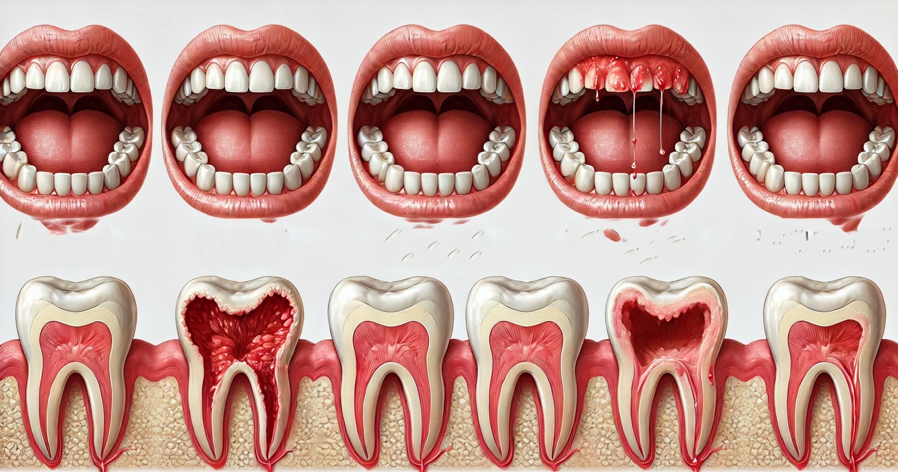 Illustration of gum disease stages from healthy to advanced with symptoms."