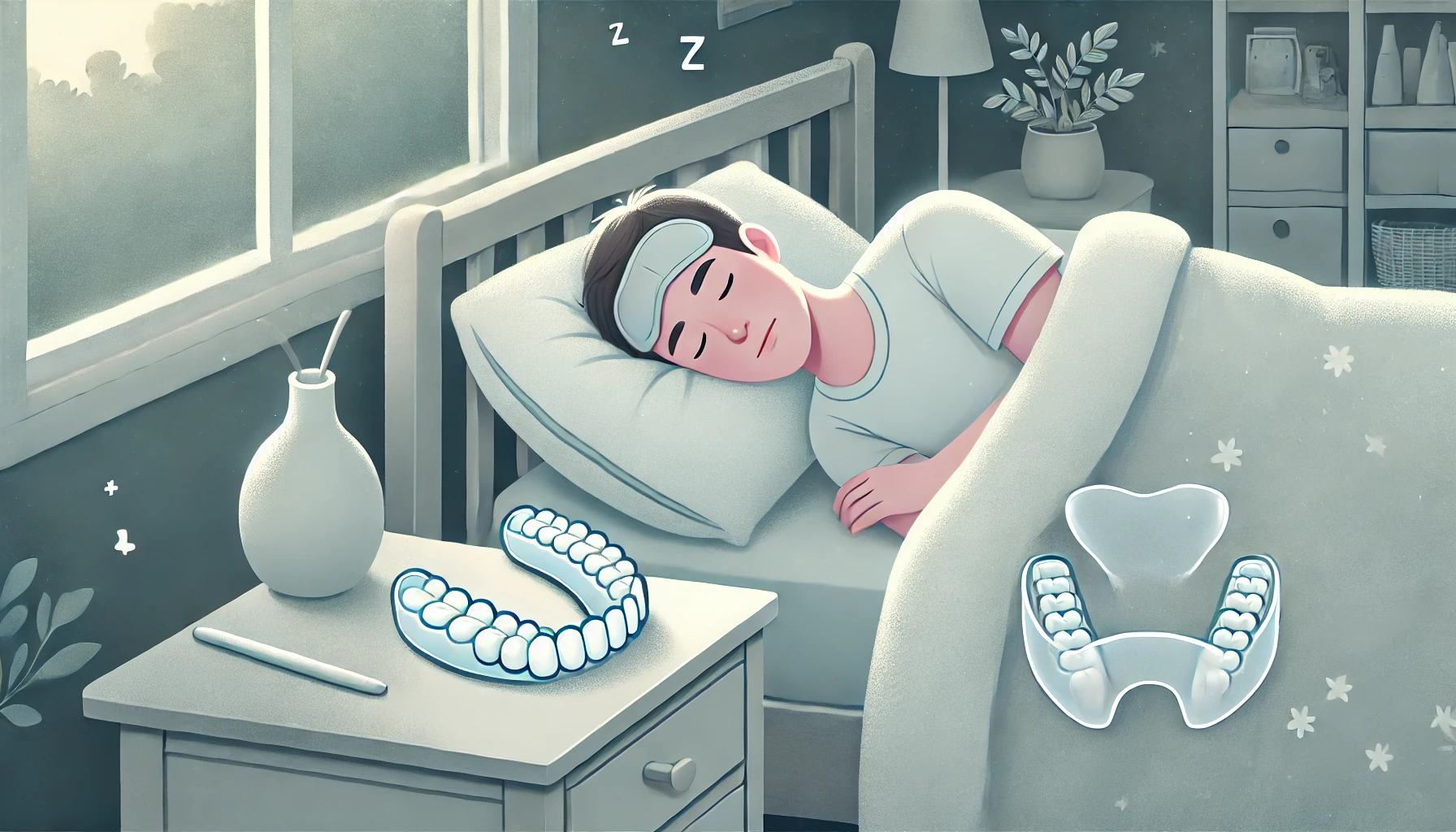 Person sleeping peacefully in bed wearing a night guard, with a dental guard on the nightstand to prevent teeth grinding."