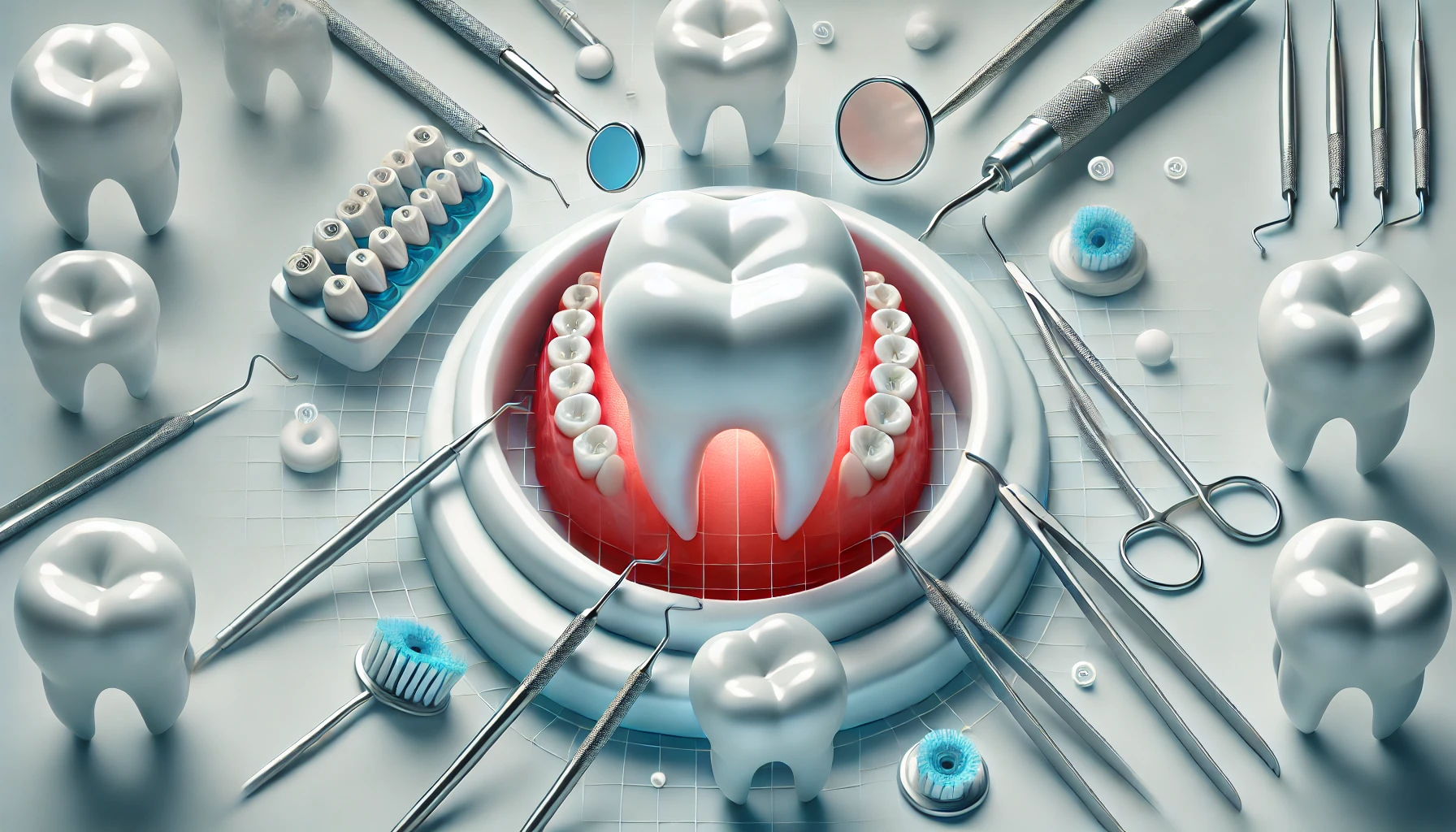 A clean dental setting showcasing instruments used for gum disease treatment, emphasizing healthy gums and oral care procedures."