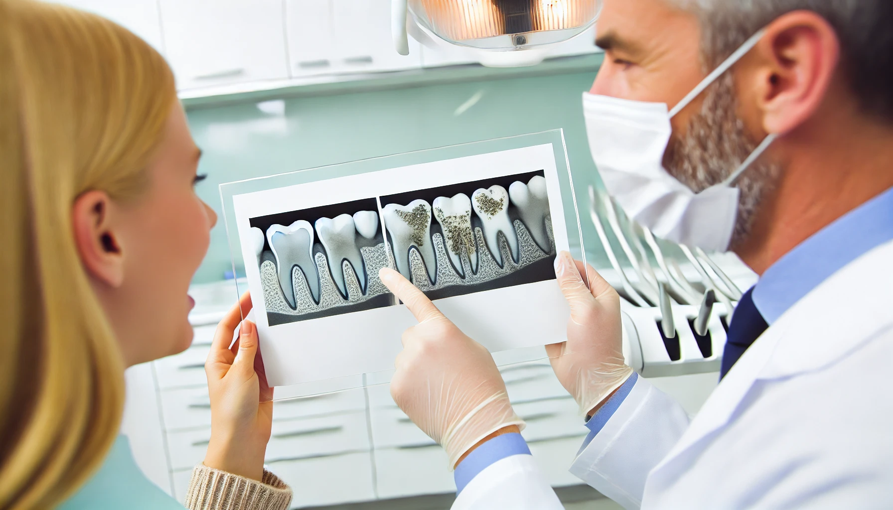 "A dentist examining a patient's teeth with visible plaque buildup in a modern clinic, highlighting the harmful effects of plaque."