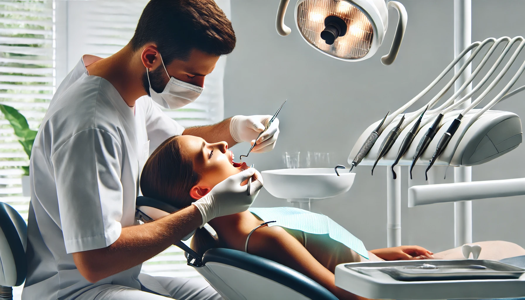 "A dentist performing a tooth extraction procedure on a patient in a modern, clean clinic, with an assistant preparing instruments nearby."