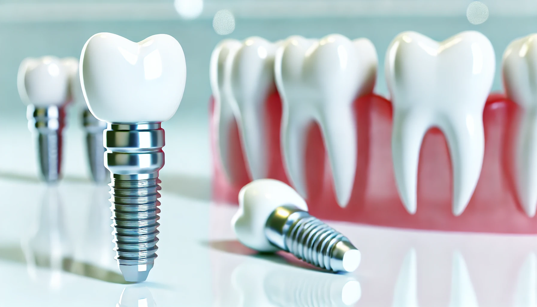 A dental implant model in a clean dental environment, showcasing the implant structure including the titanium post and crown."