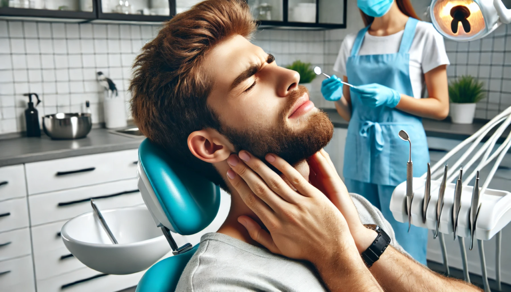 "A patient holding their jaw in discomfort from a toothache, while the dentist prepares tools in a clean, bright dental clinic for relief."