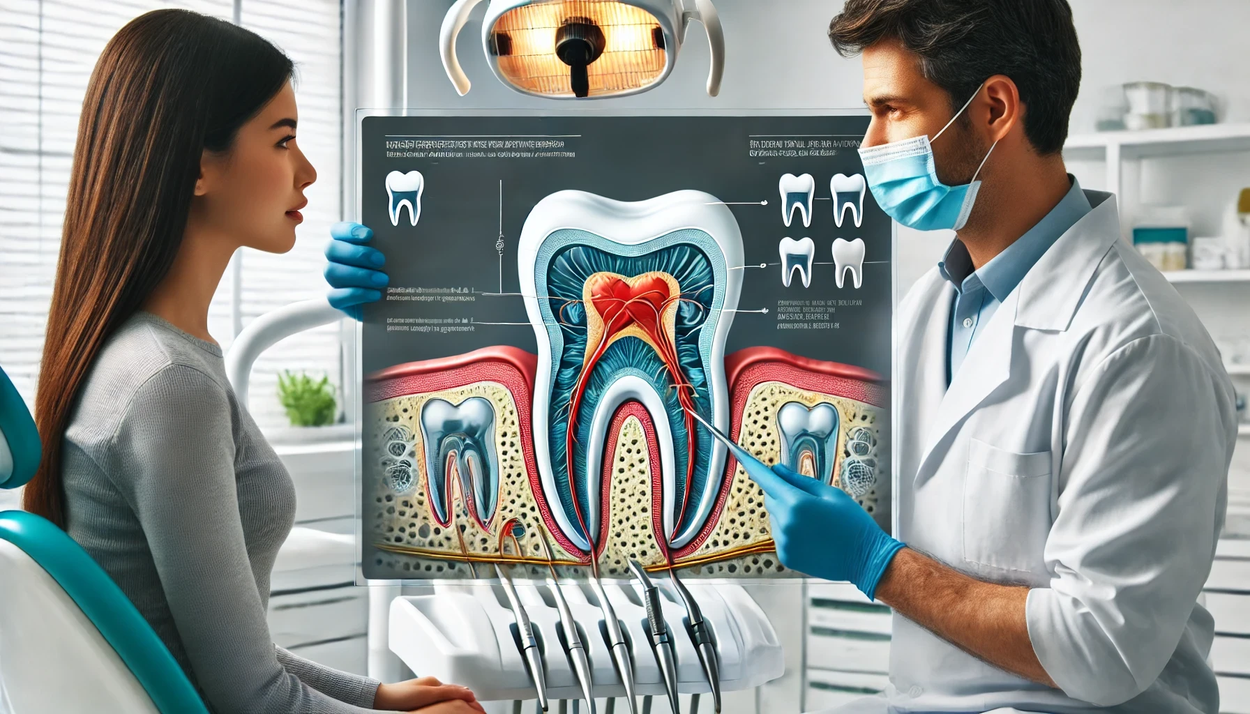 "A dentist explaining a root canal procedure and costs to a patient using a detailed diagram in a clean, organized dental office."