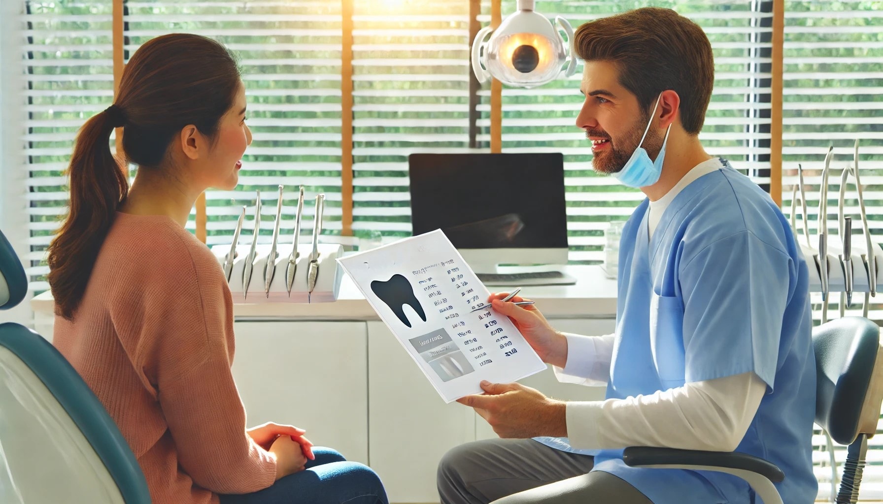 "A dentist explaining root canal costs and financing options to a patient in a bright dental office, highlighting professionalism and care."