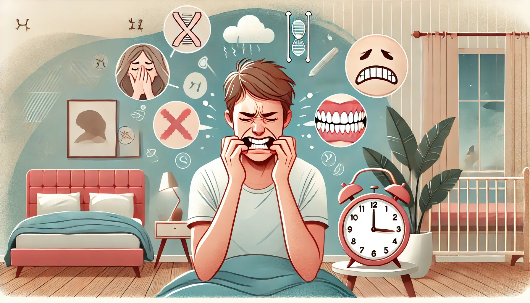 An illustration of a person with a stressed expression and clenched jaw, surrounded by stress-related icons in a cozy bedroom."