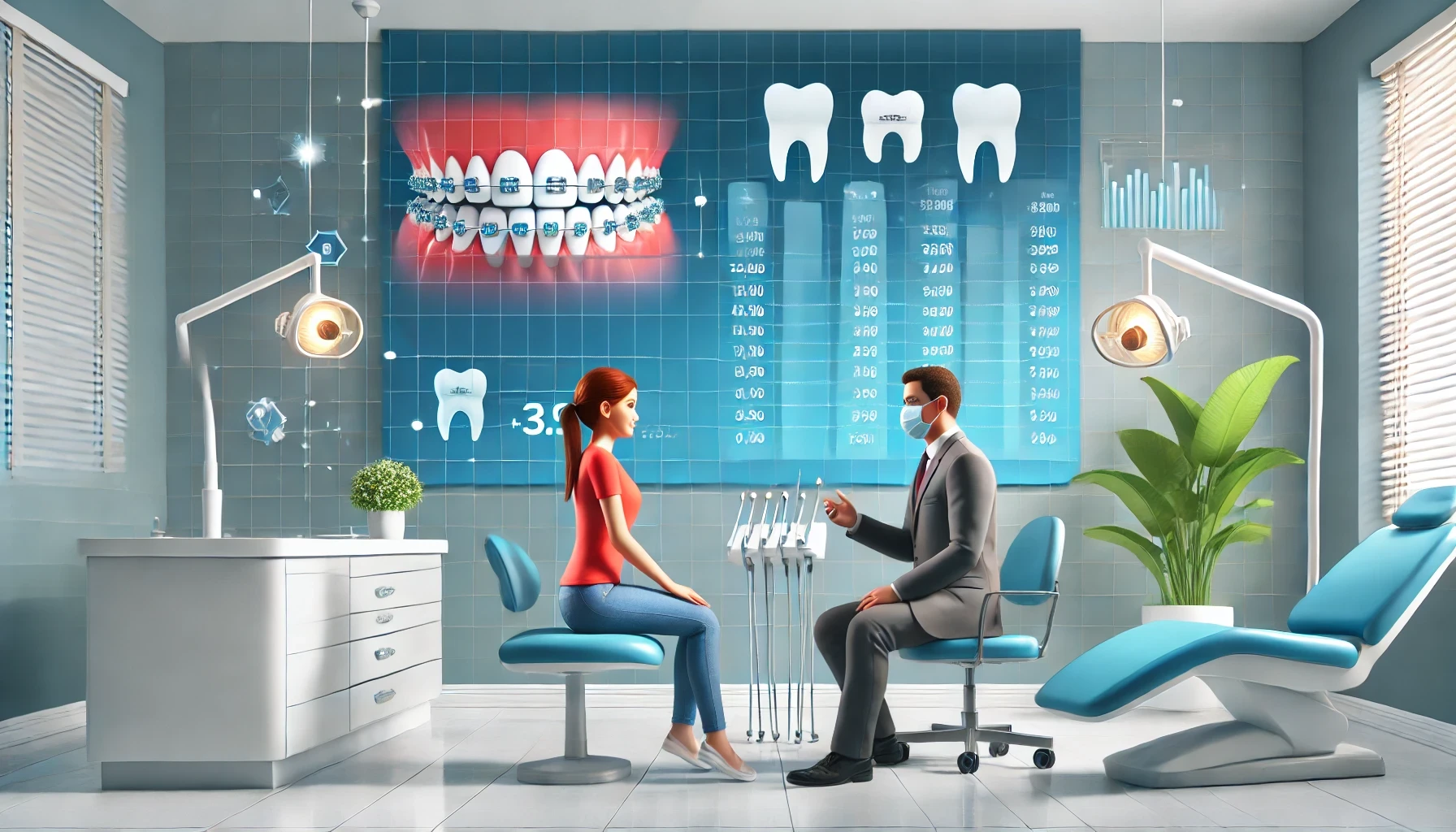 A bright dental office scene with a patient discussing the cost of invisible braces with a professional, featuring a comparison chart.