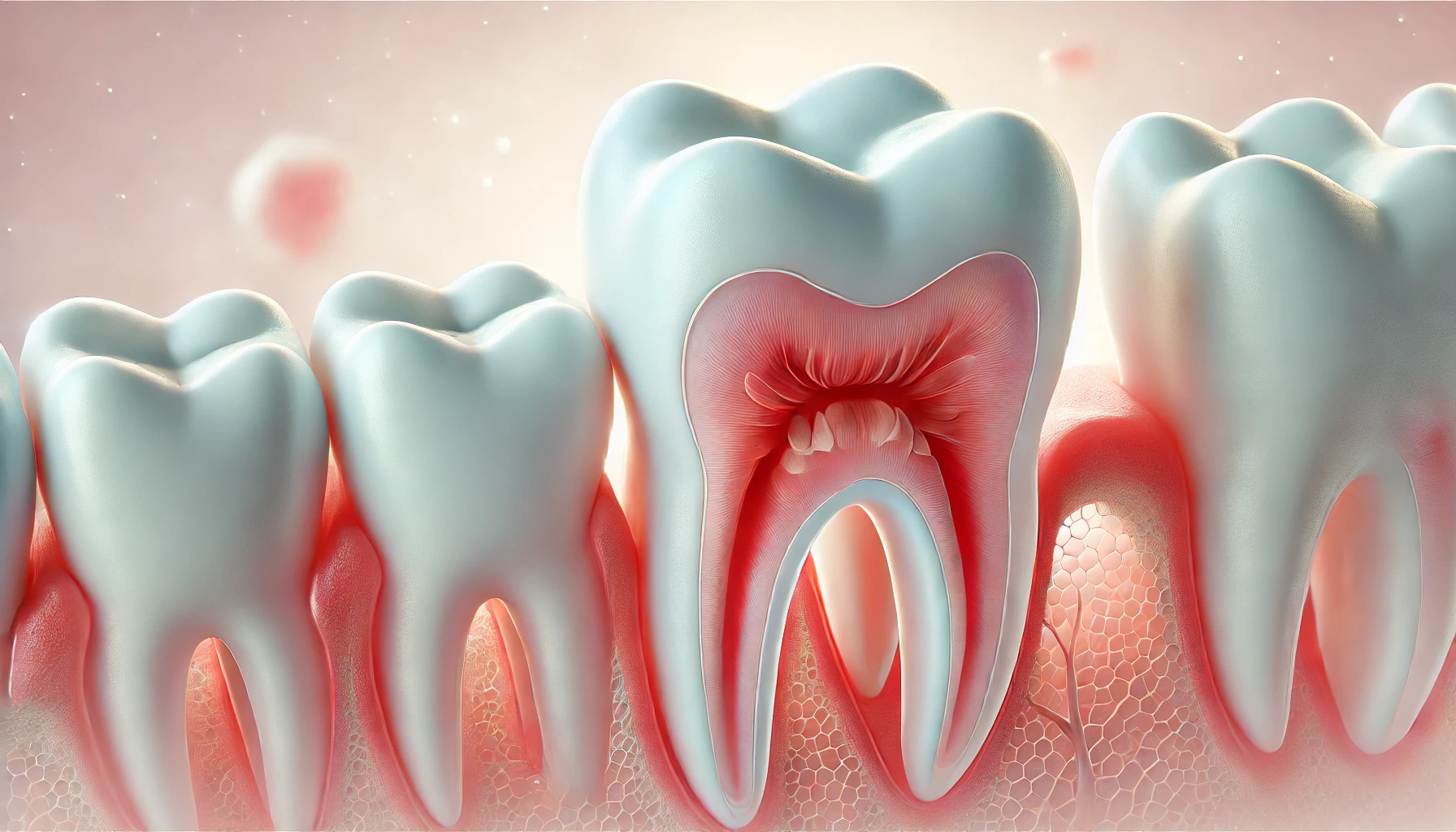 Illustrasjon av en tann med subtil betennelse i alveolene, som fremhever tennens delikate struktur uten tekst