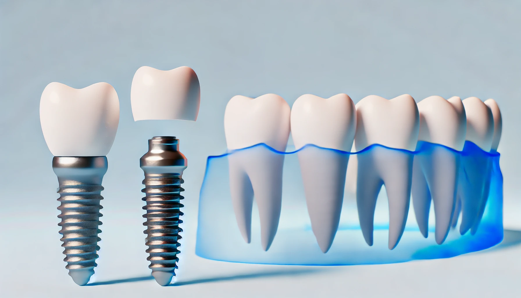 Dental implant model in a clean setting, emphasizing the lasting nature of implants and highlighting components like the titanium post and crown."