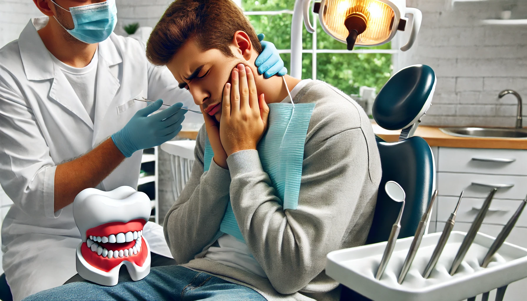 "A patient sitting in a dental clinic holding their jaw in pain while the dentist prepares to examine them, highlighting the need for professional care."