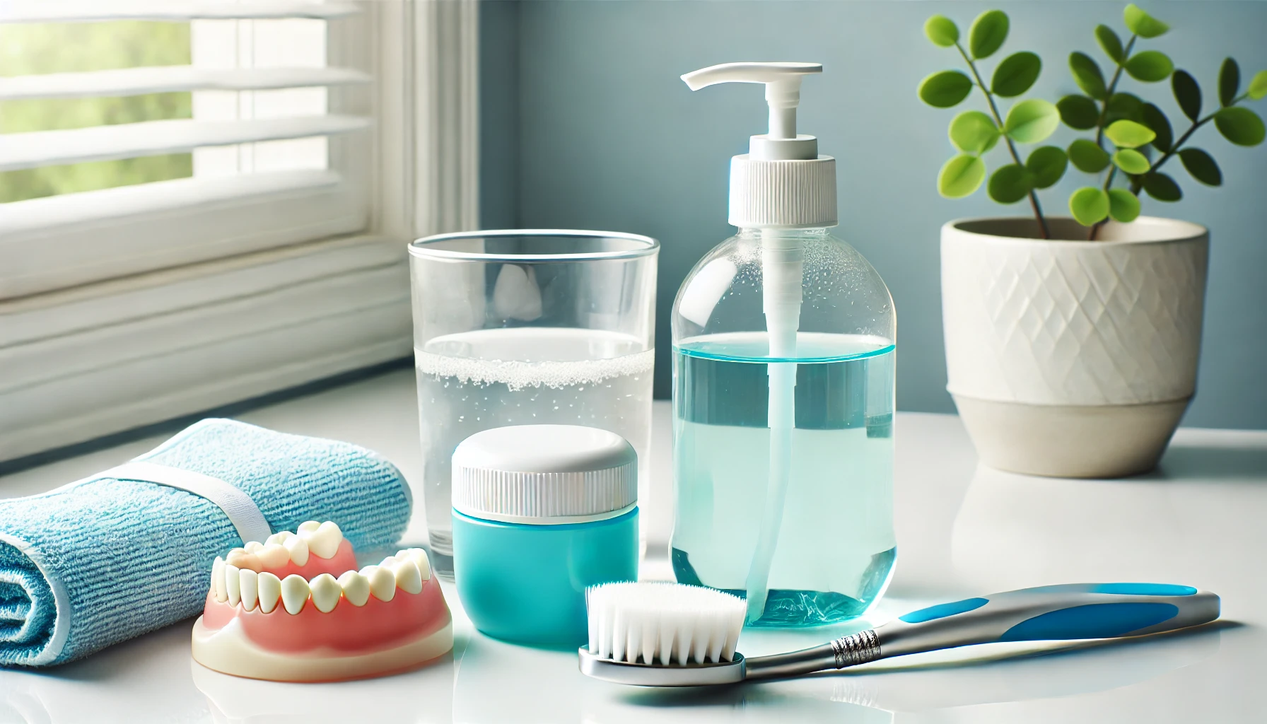 A clean bathroom countertop with essential denture care items, emphasizing hygiene and tools for long-lasting results.