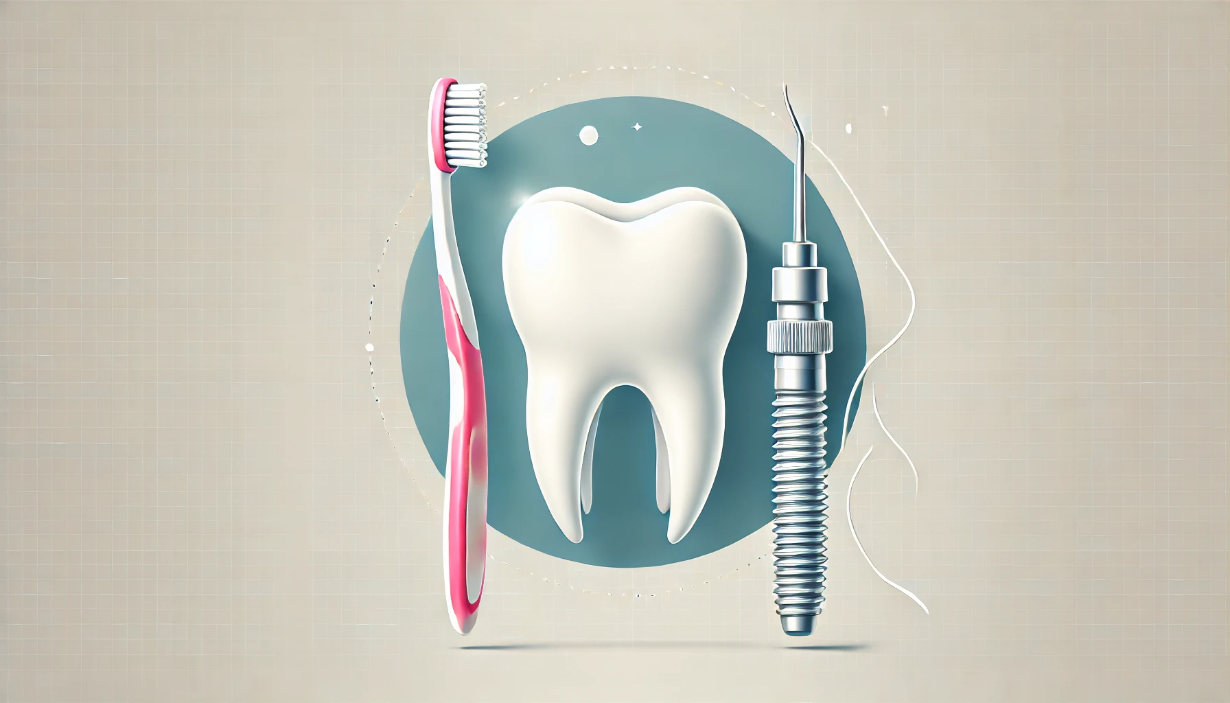En illustrasjon av en tannbørste, tanntråd og et tannimplantat som symboliserer tannpleie etter behandling."