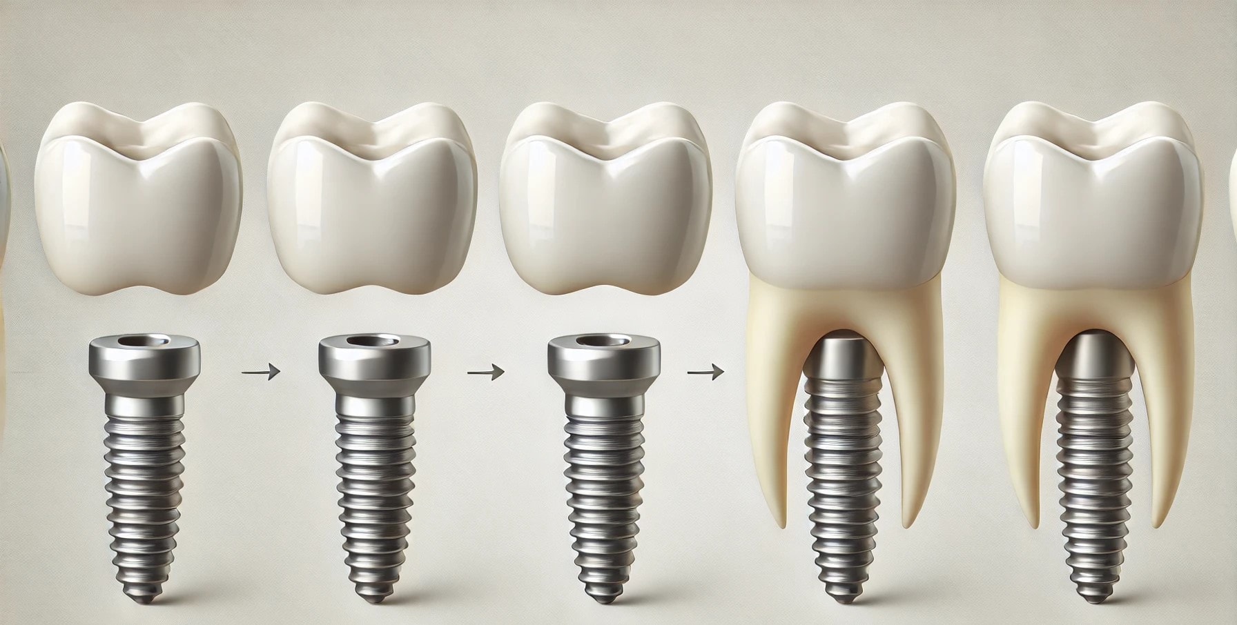 Illustrasjon av tannimplantatprosess fra midlertidig tann til permanent løsning, med fokus på behandlingsstadiene."