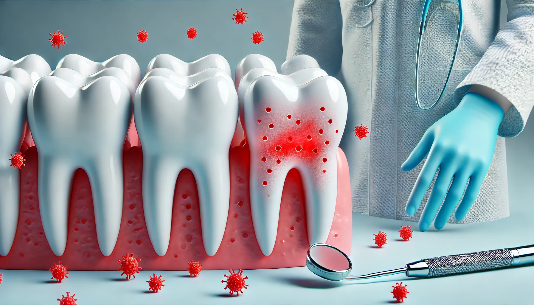 Konseptbilde av sunne tenner med røde betente områder nær tannkjøttet som illustrerer årsaker til odontogene infeksjoner."