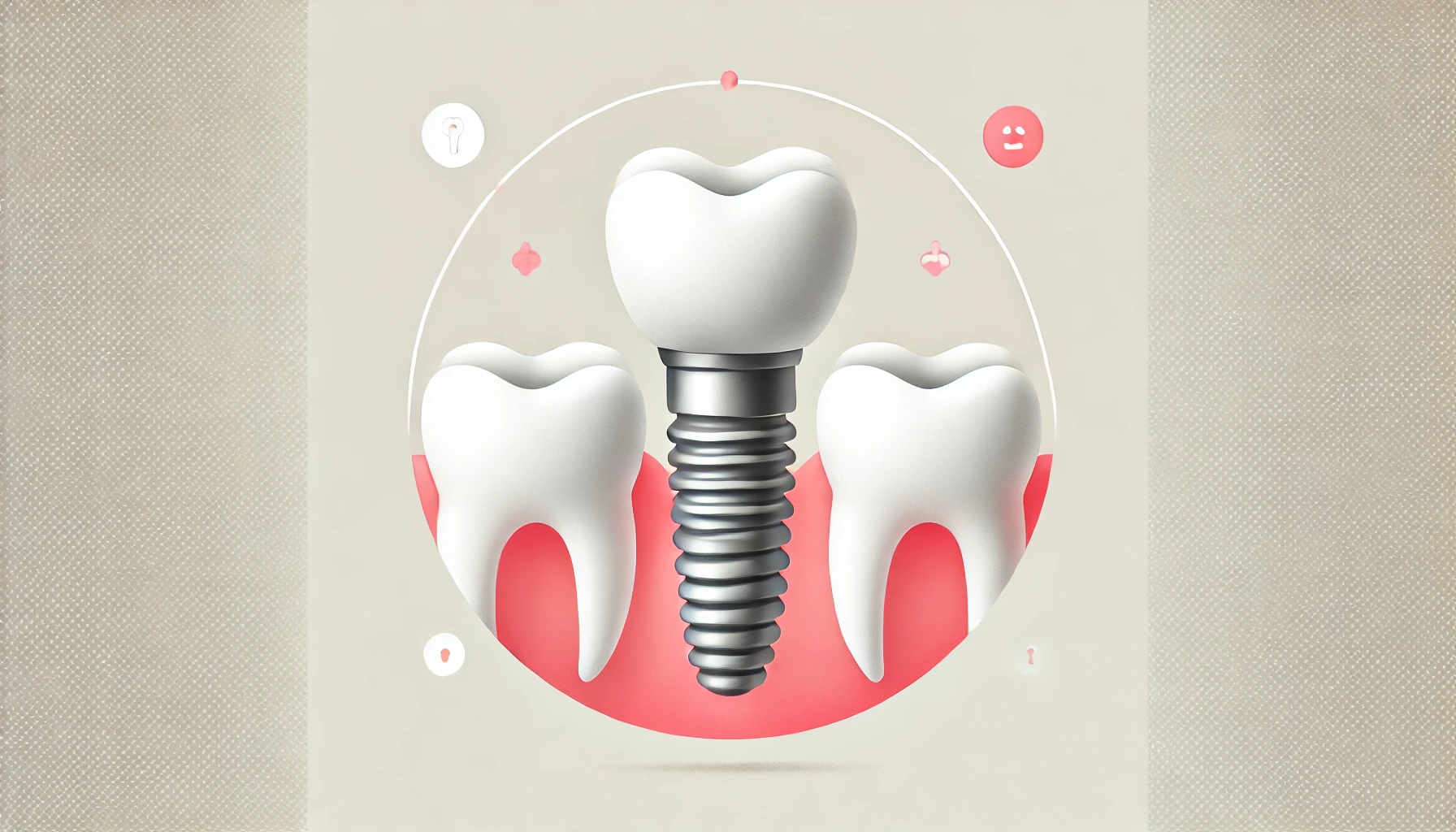 En enkel illustrasjon av et tannimplantat plassert i kjevebenet, omgitt av sunt tannkjøtt, i en minimalistisk stil."